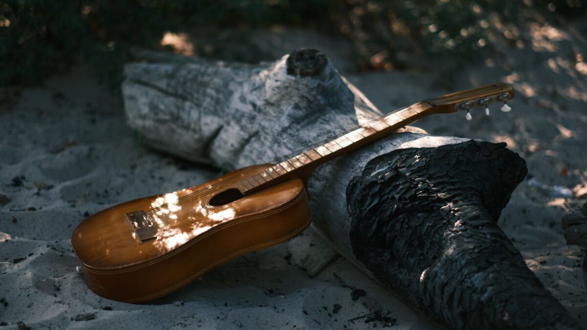 Une guitare acoustique posée sur du bois flotté